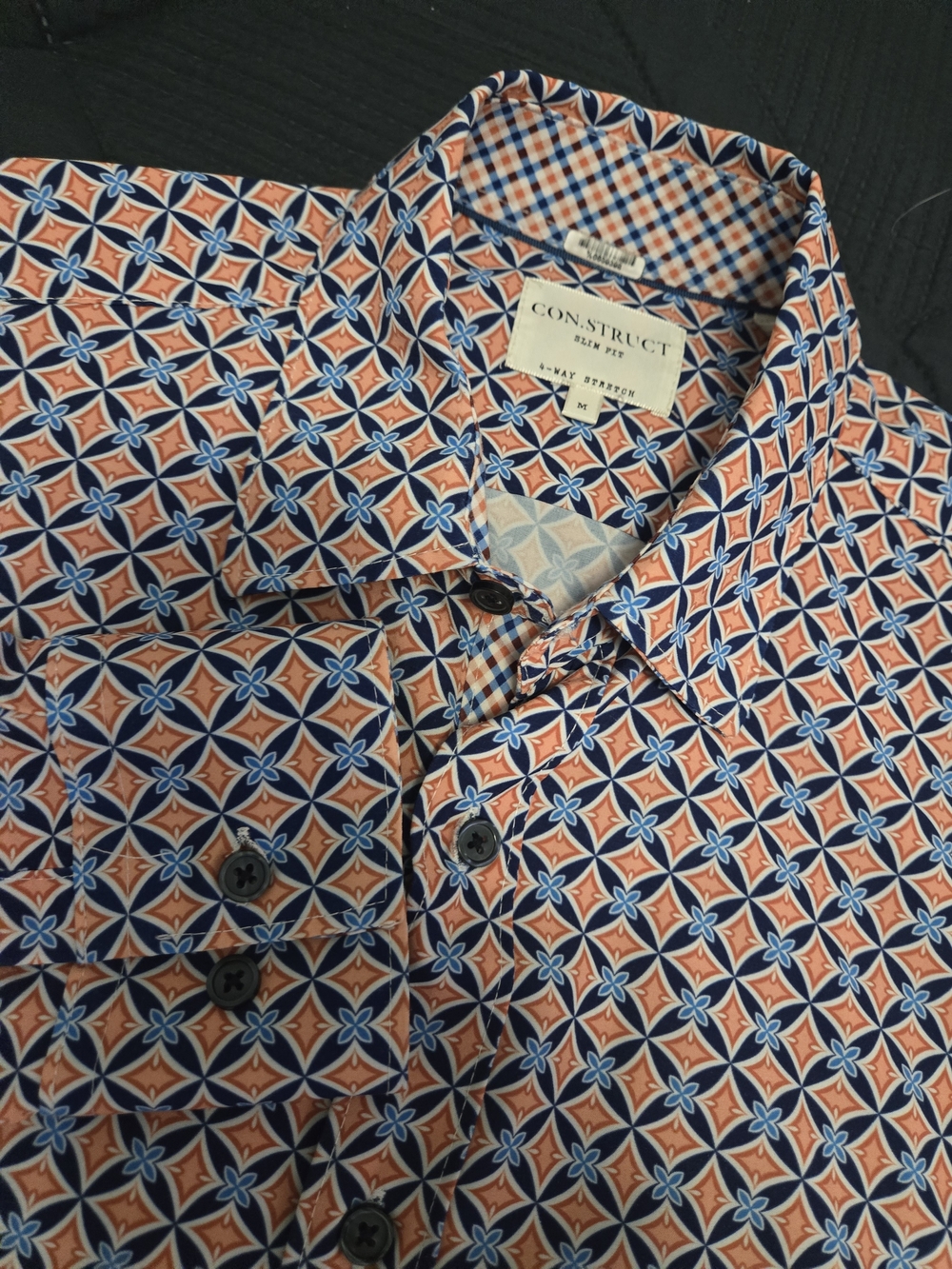 Construct Men’s Orange & Blue Geometric Button-Up Shirt Slim Fit #426